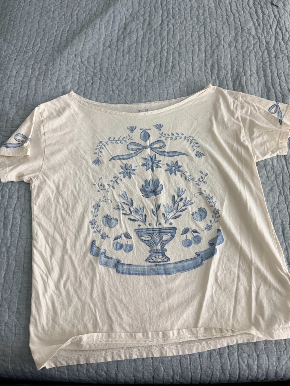 Hollister Cream Short-Sleeve Tee with Blue Floral Urn Print